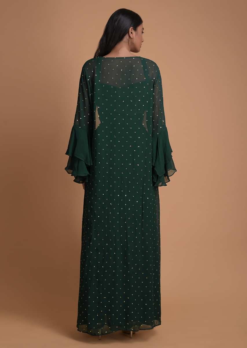 Bottle Green Palazzo Suit With Matching Jacket And Embroidered Floral Jaal  