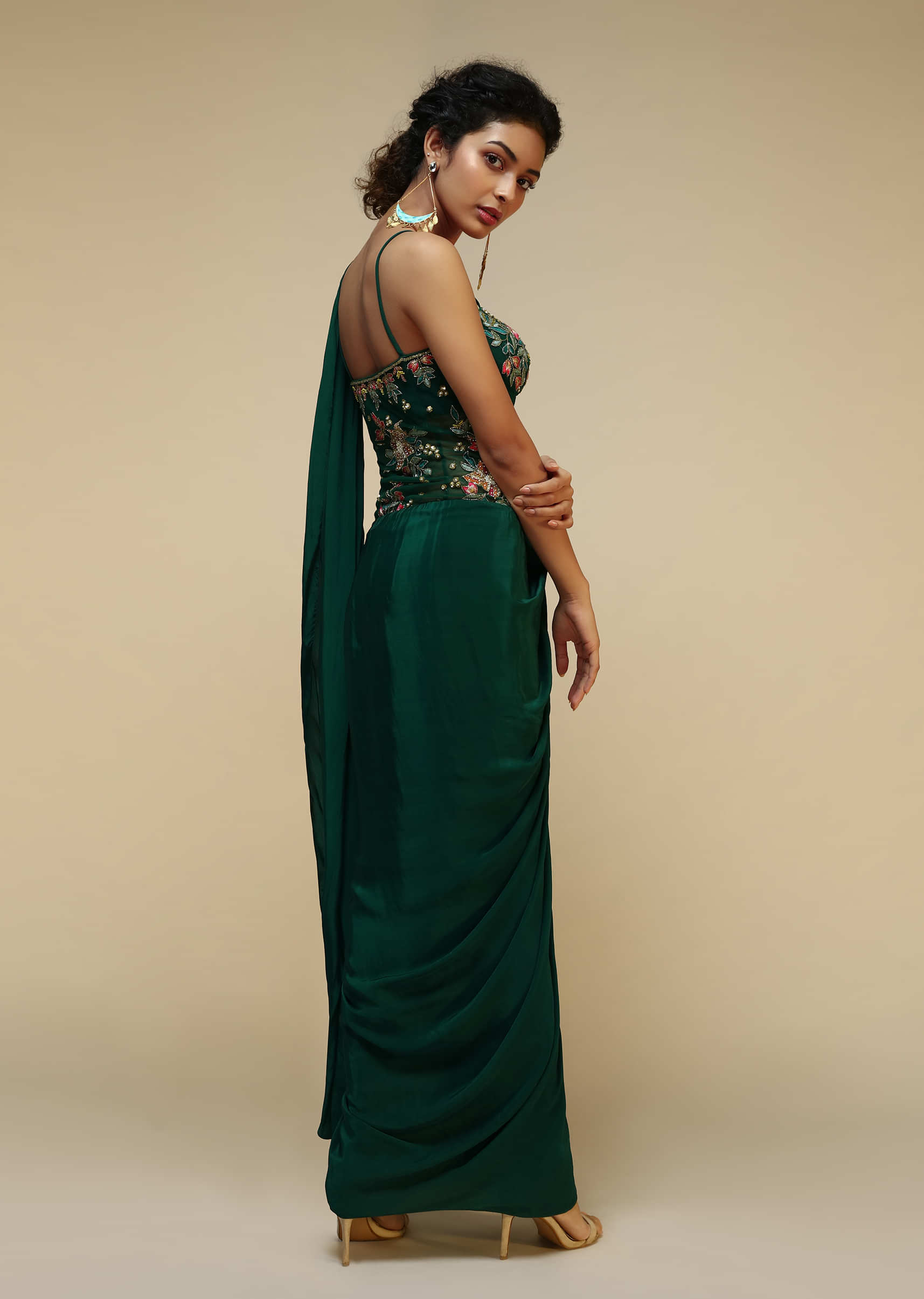 Buy Dark Pink And Green Satin Predape Saree Dress Online - W for Woman