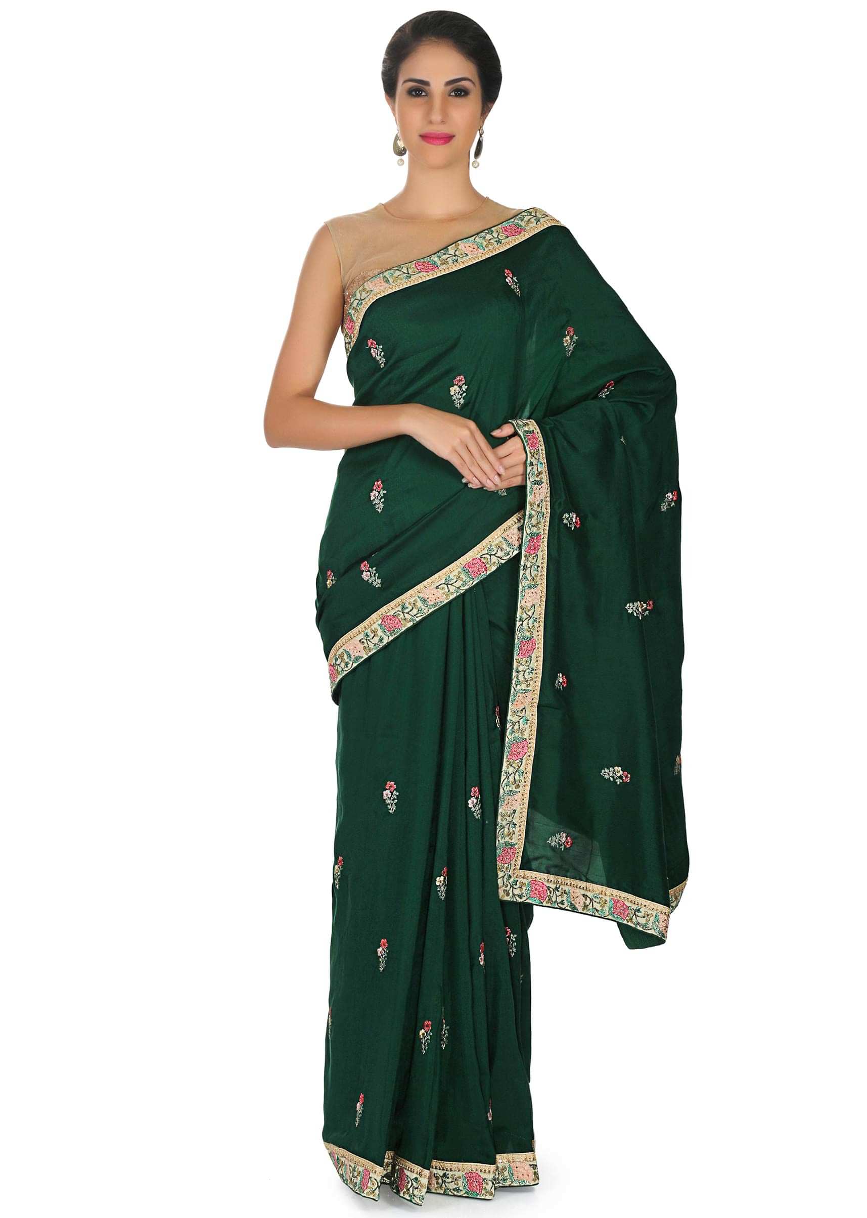 Bottle Green Saree In Georgette With Resham Embroidered Butti Online - Kalki Fashion