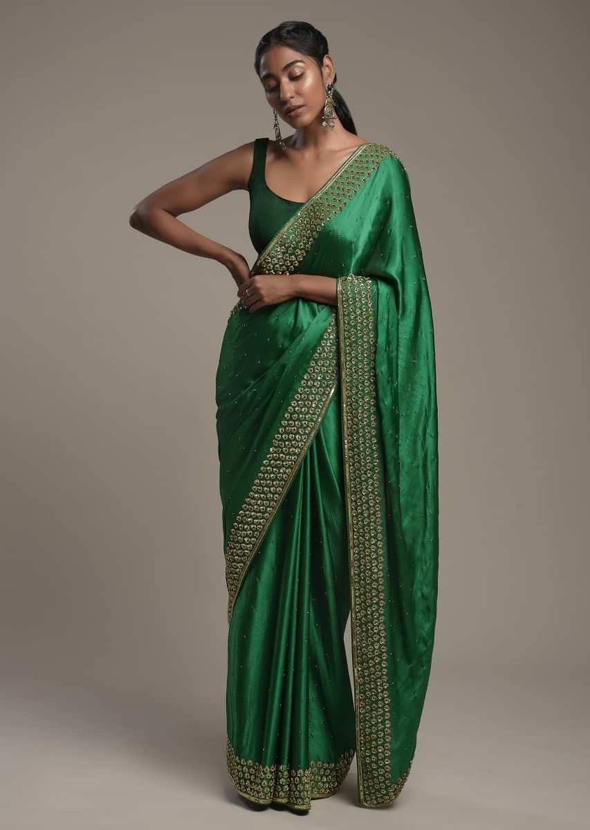 Buy Bottle Green Saree In Satin Blend With Sequins And Zardosi Embroidered  Border Design And Unstitched Blouse Online - Kalki Fashion