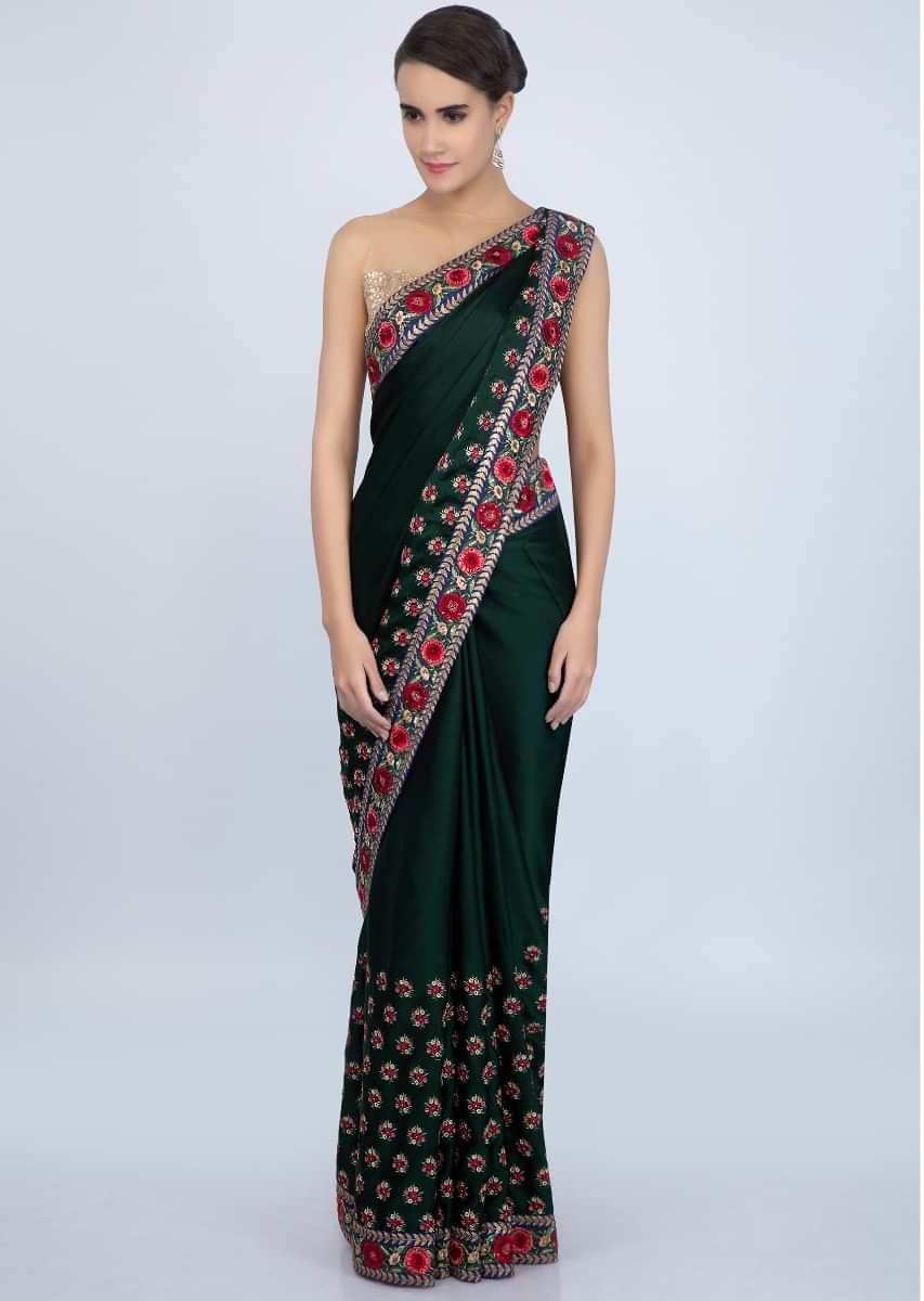 Bottle Green Saree In Satin With Multi Color Resham Embroidery And Buttis Online - Kalki Fashion