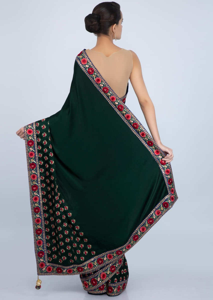 Bottle Green Saree In Satin With Multi Color Resham Embroidery And Buttis Online - Kalki Fashion