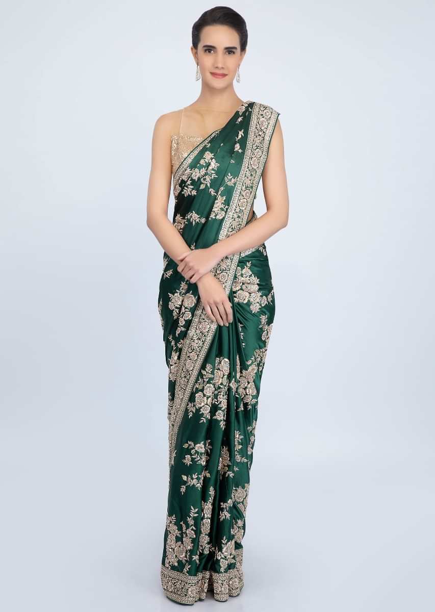 Bottle Green Saree In Satin With Floral Butti And Embroidered Border Online - Kalki Fashion