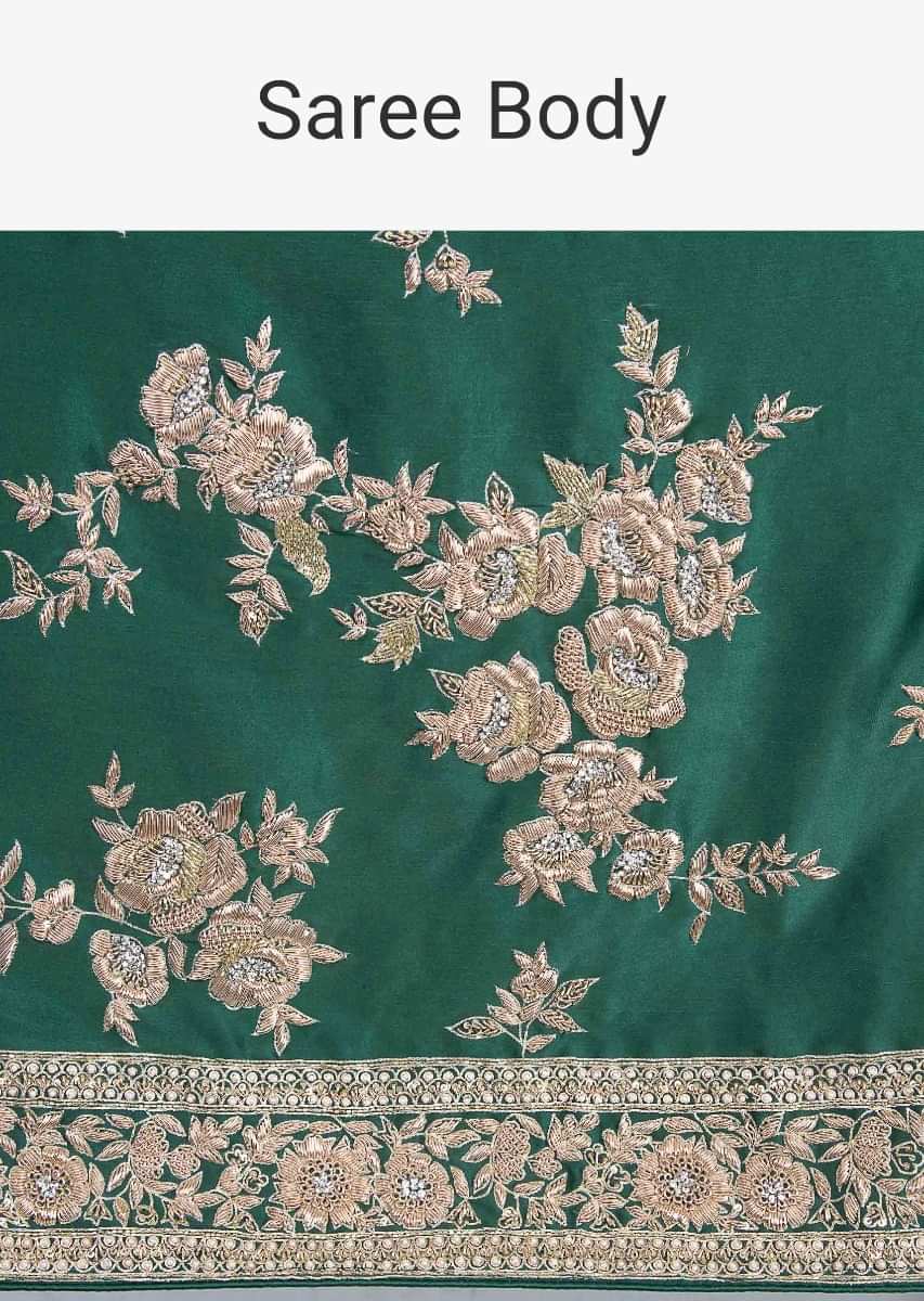 Bottle Green Saree In Satin With Floral Butti And Embroidered Border Online - Kalki Fashion
