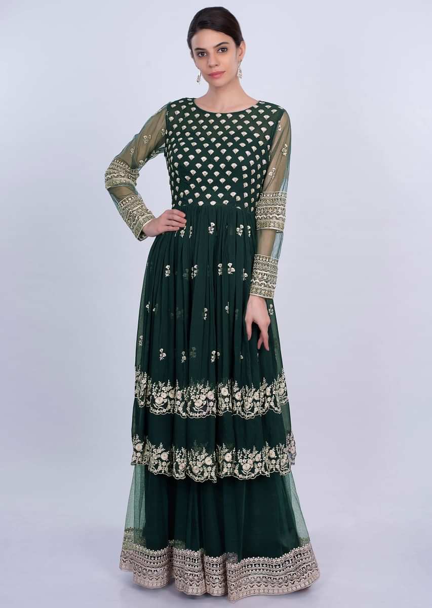 Carbon grey sharara suit set in floral embroidery and butti only on Kalki
