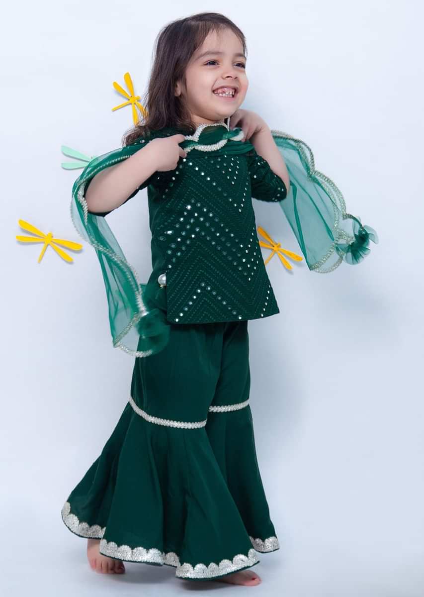 Kalki Girls Bottle Green Sharara Suit With Mirror And Thread Embroidery In Chevron Motif By Fayon Kids