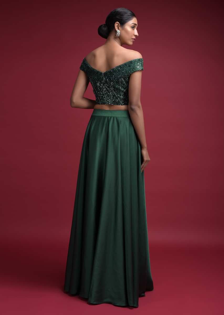 Bottle Green Skirt And Off Shoulder Crop Top With Pre Stitched Drape 