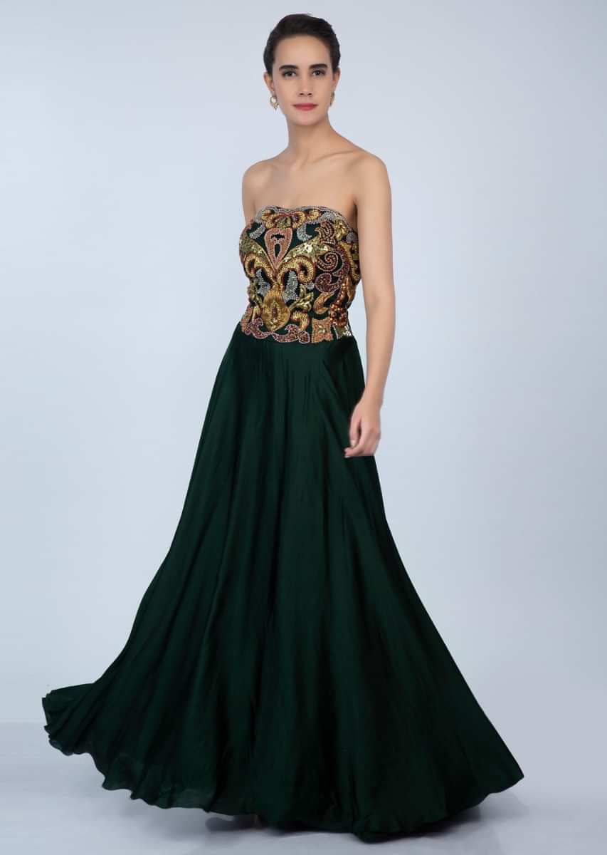 Bottle Green Strapless Gown In Satin With Embroidered Net Bodice Online - Kalki Fashion