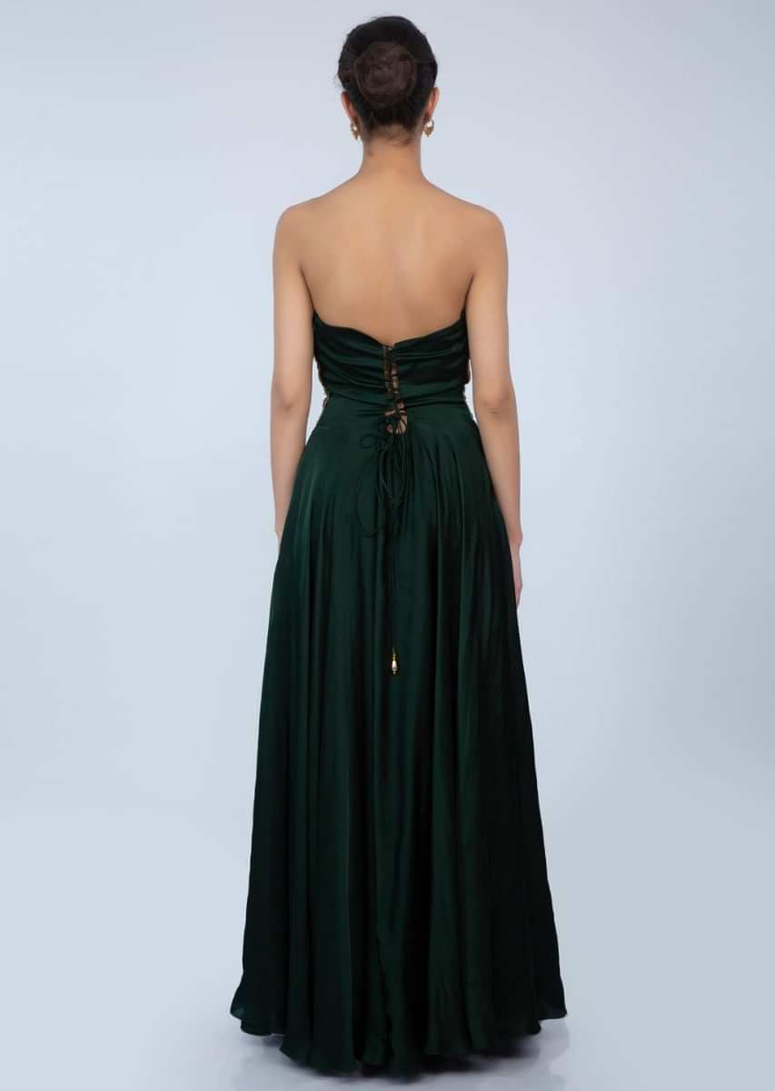 Bottle Green Strapless Gown In Satin With Embroidered Net Bodice Online - Kalki Fashion