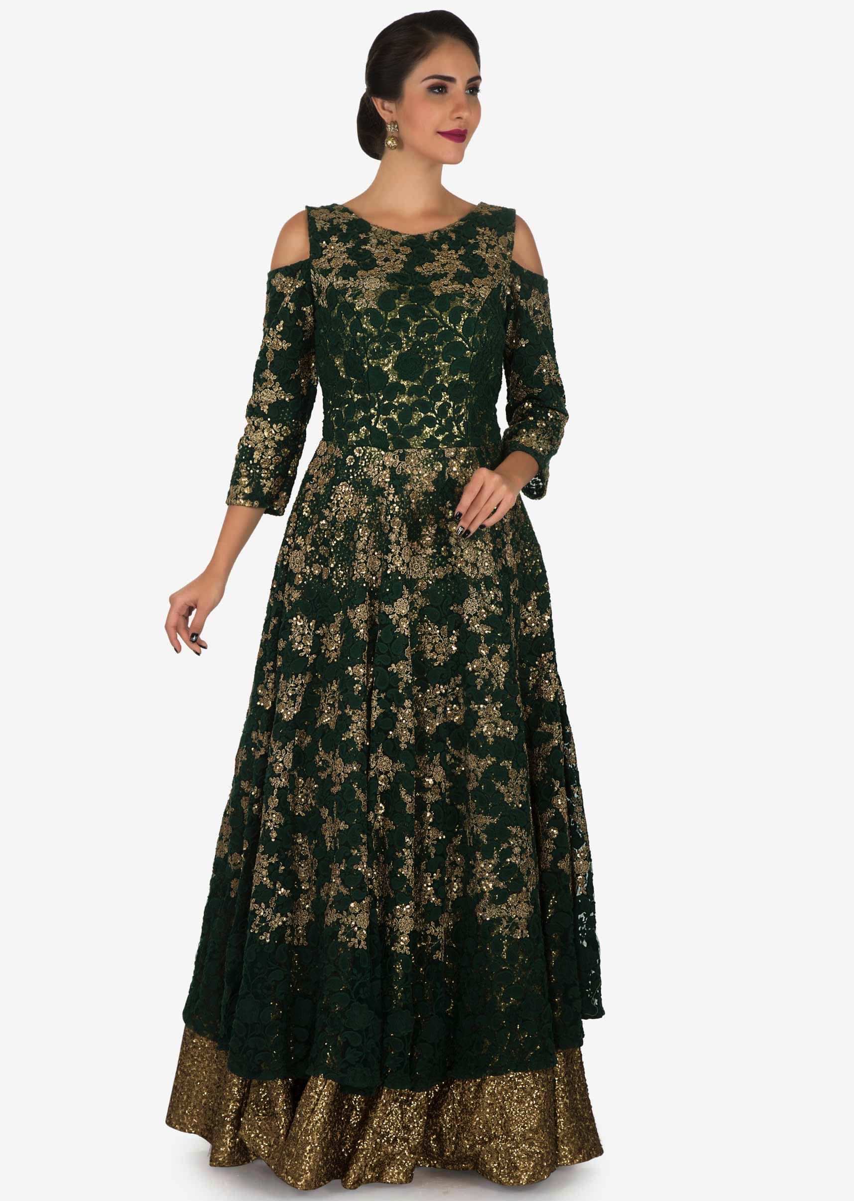 Bottle green anarkali gown featured in embroidered lace with sequin lining only on Kalki