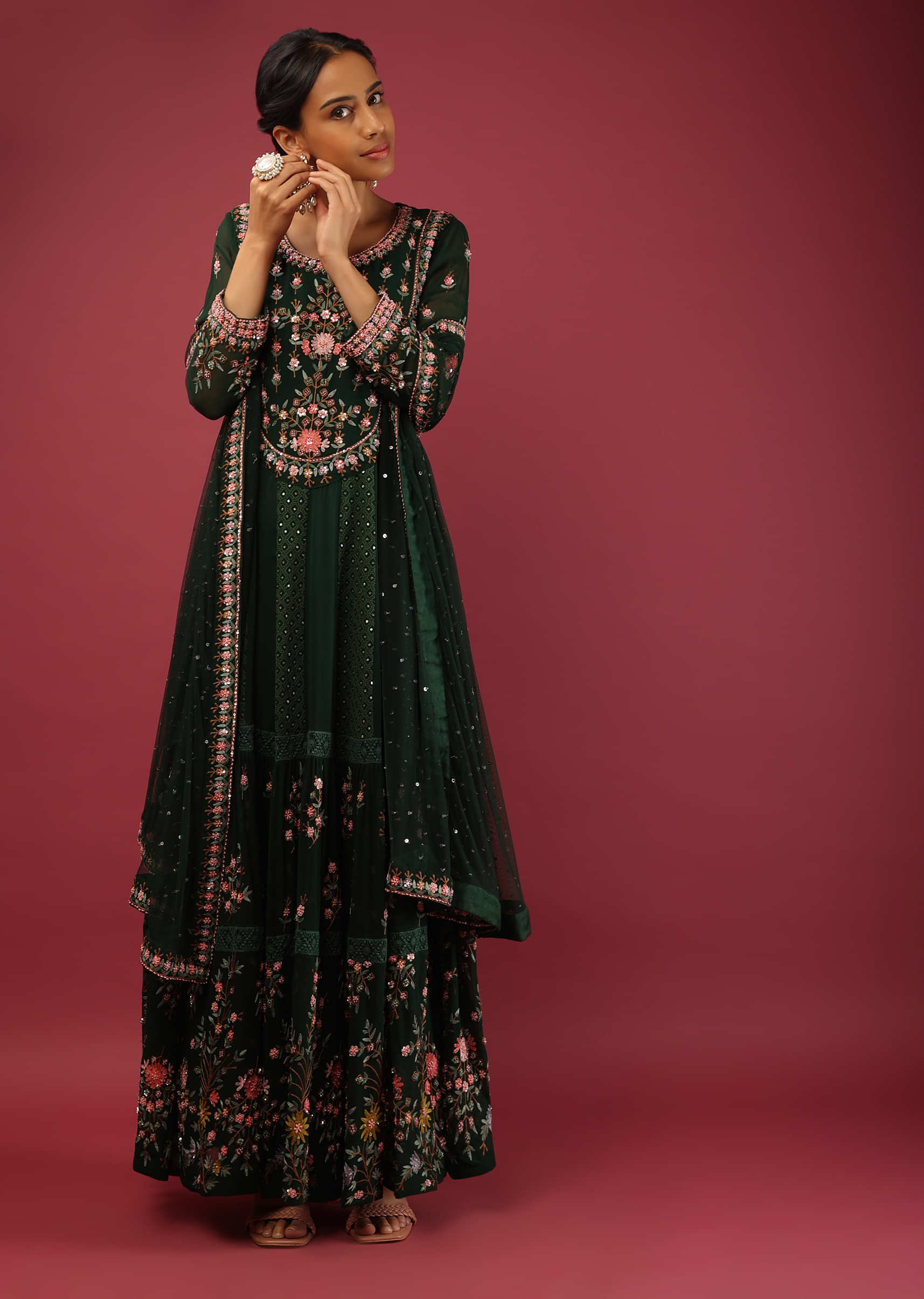 Bottle Green Anarkali Suit In Georgette With Organza Tiers Adorned In Colorful Resham Embroidery In Floral Motifs  