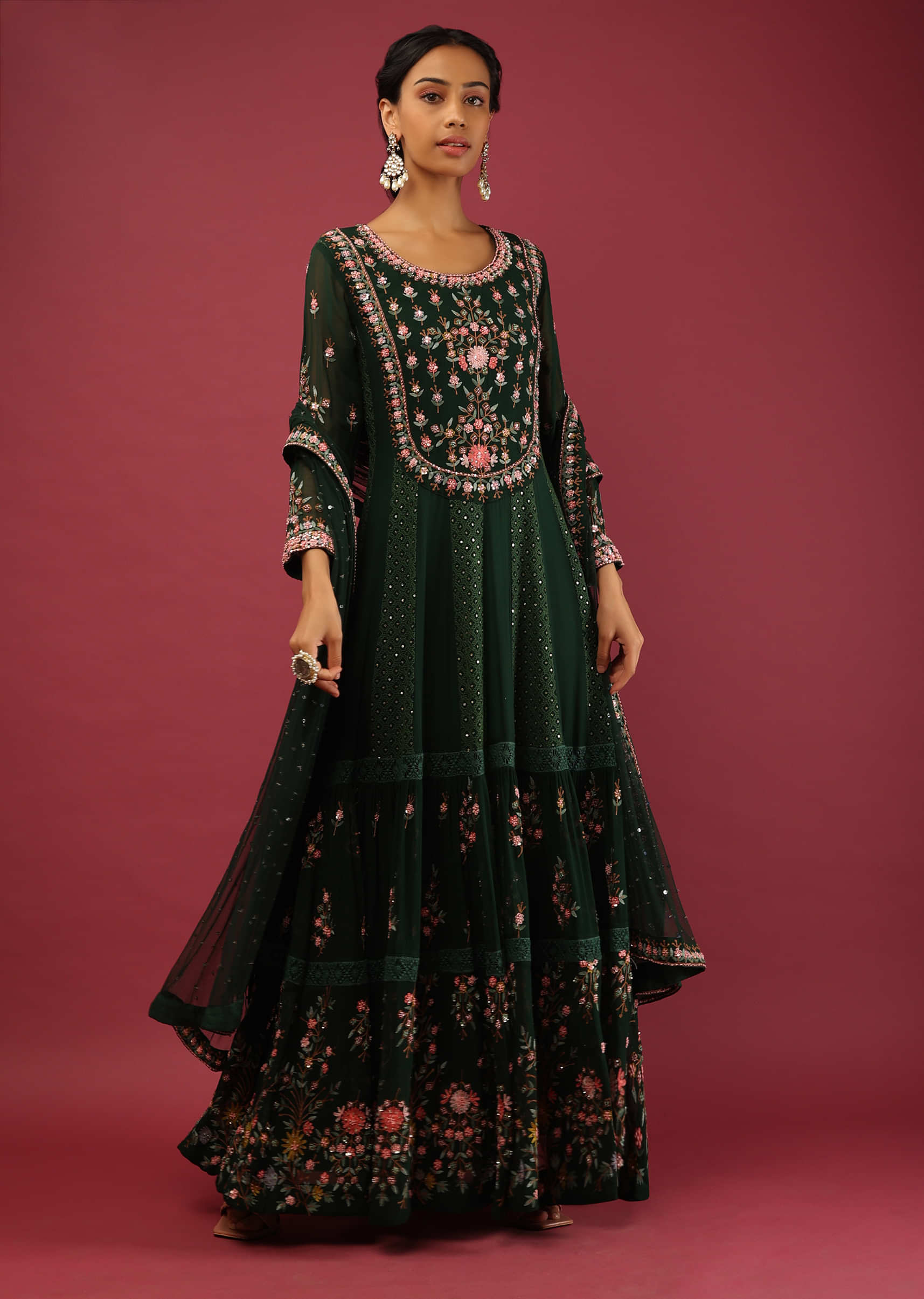 Bottle Green Anarkali Suit In Georgette With Organza Tiers Adorned In Colorful Resham Embroidery In Floral Motifs  