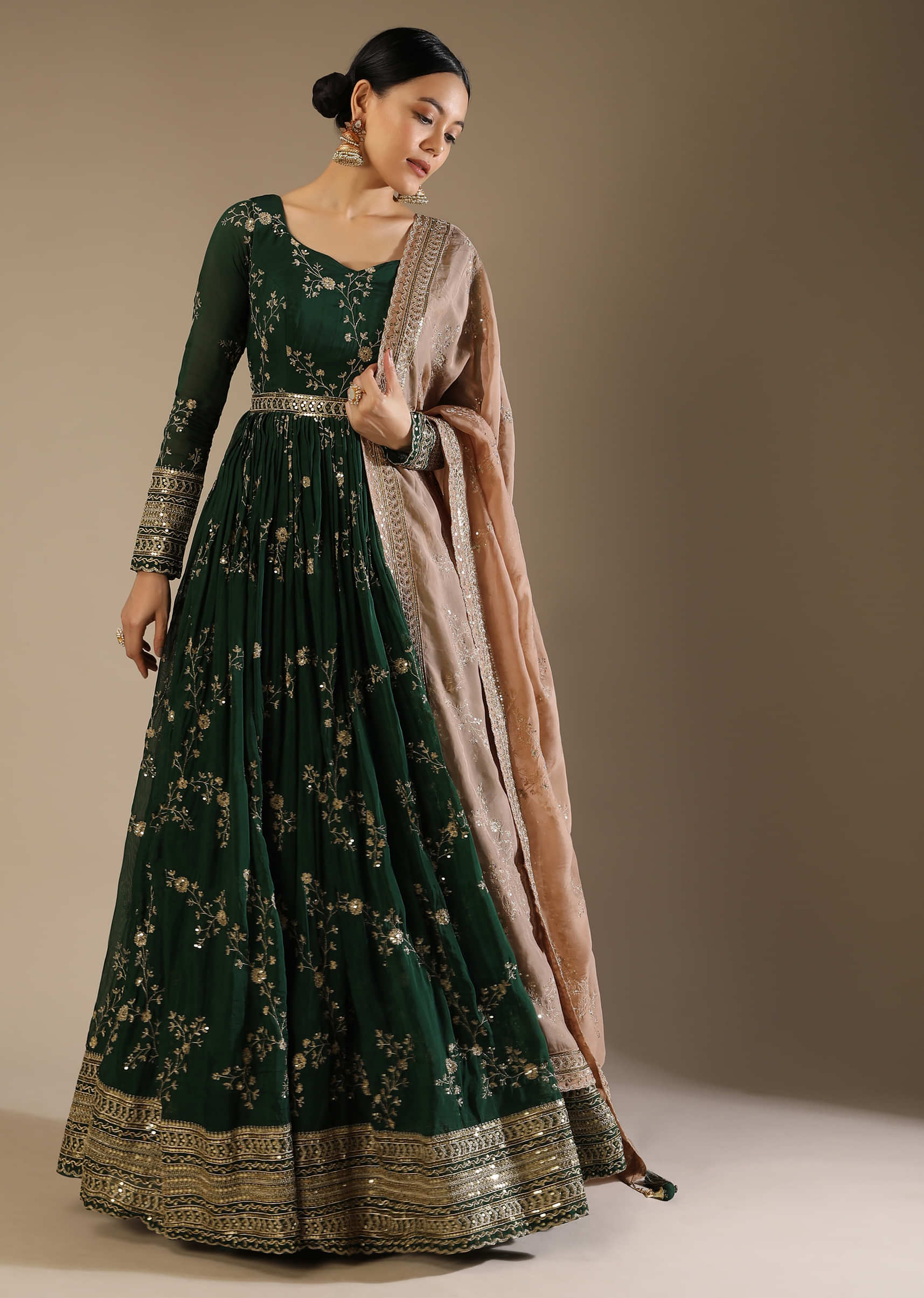 bottle green anarkali suit in silk with zari and sequins sg69777 2