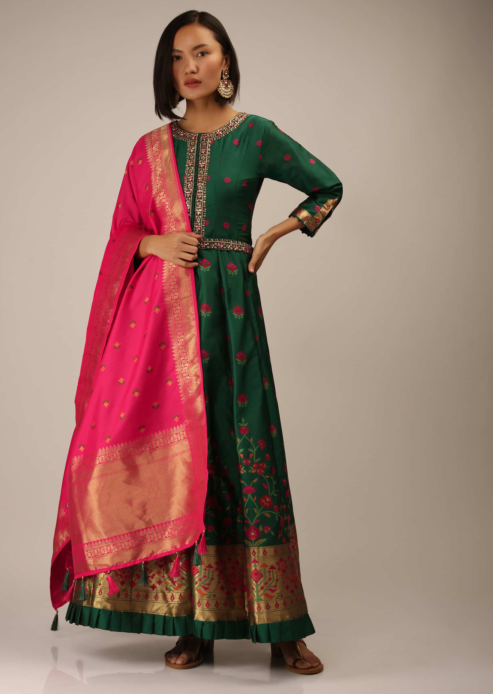 Bottle Green Anarkali Suit With Front Slit, Multi Colored Floral Weave And Fuchsia Banarasi Dupatta