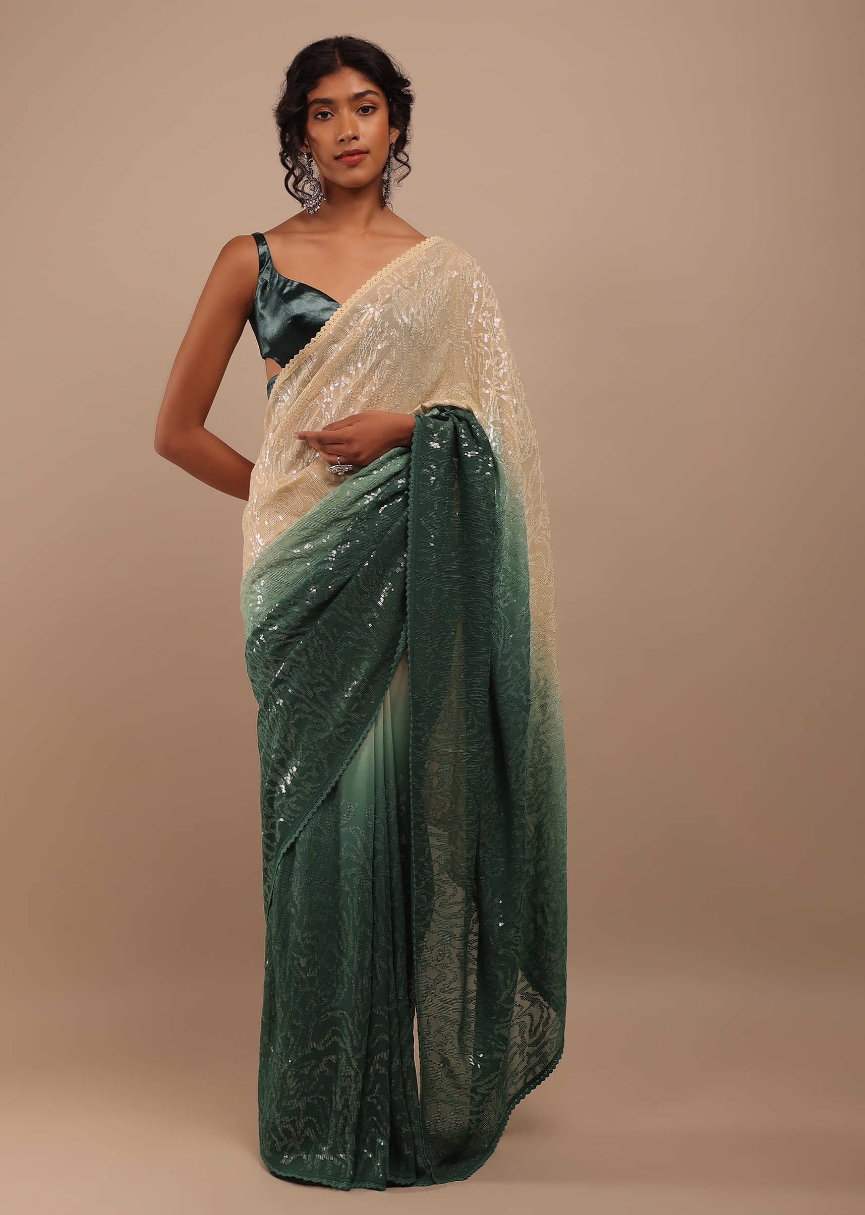 Bottle Green And Cream Ombre Sequins Embroidery Saree In A Moroccan Jaal With Lacework On The Pallu Border