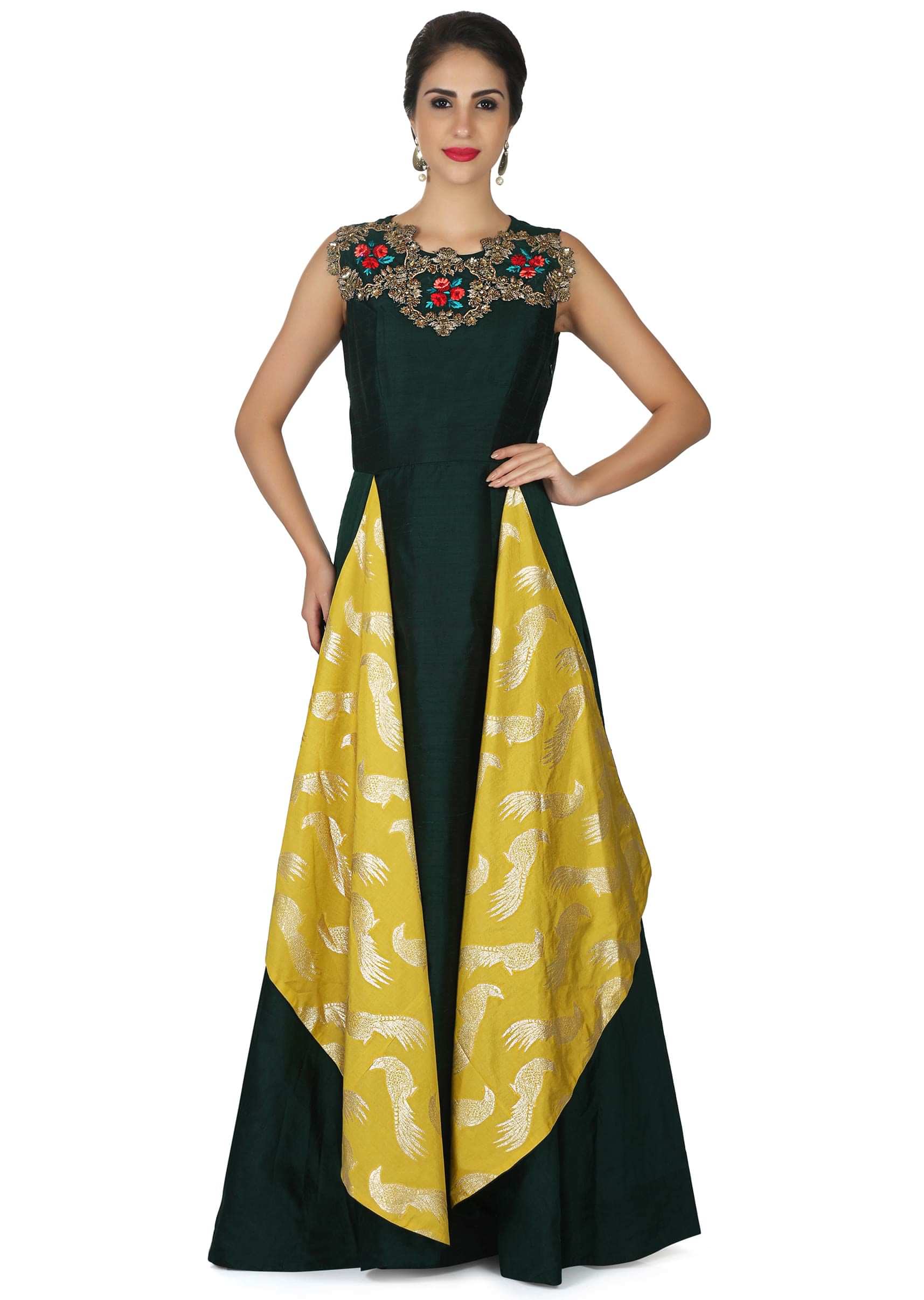 Bottle green and yellow gown in embroidered neckline and bird motif only on Kalki