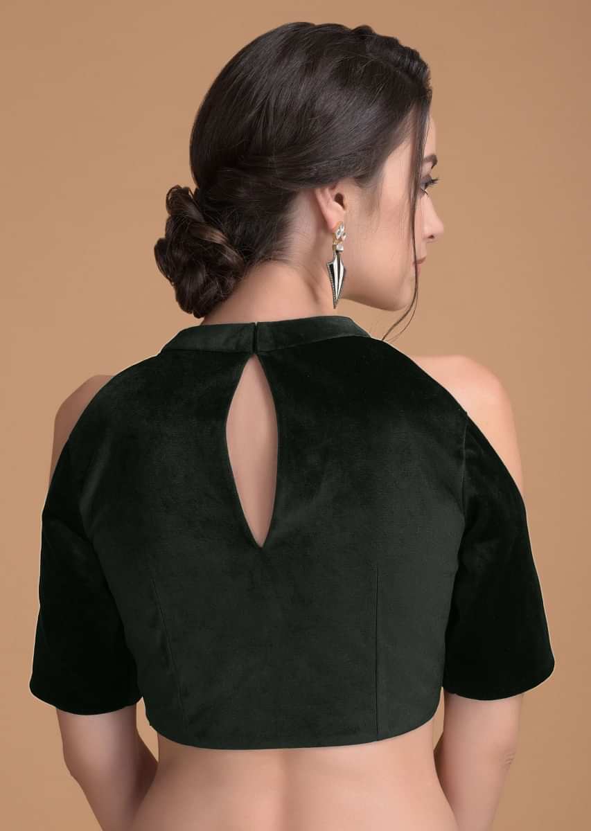 Bottle Green Blouse In Velvet With Cut Out On The Neckline