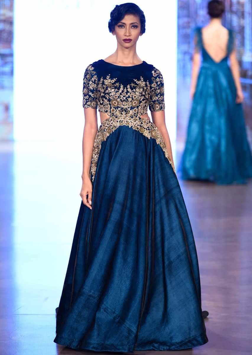 Bottle Green Indo Western Gown With Embroidered Side Cuts At Waist Online - Kalki Fashion