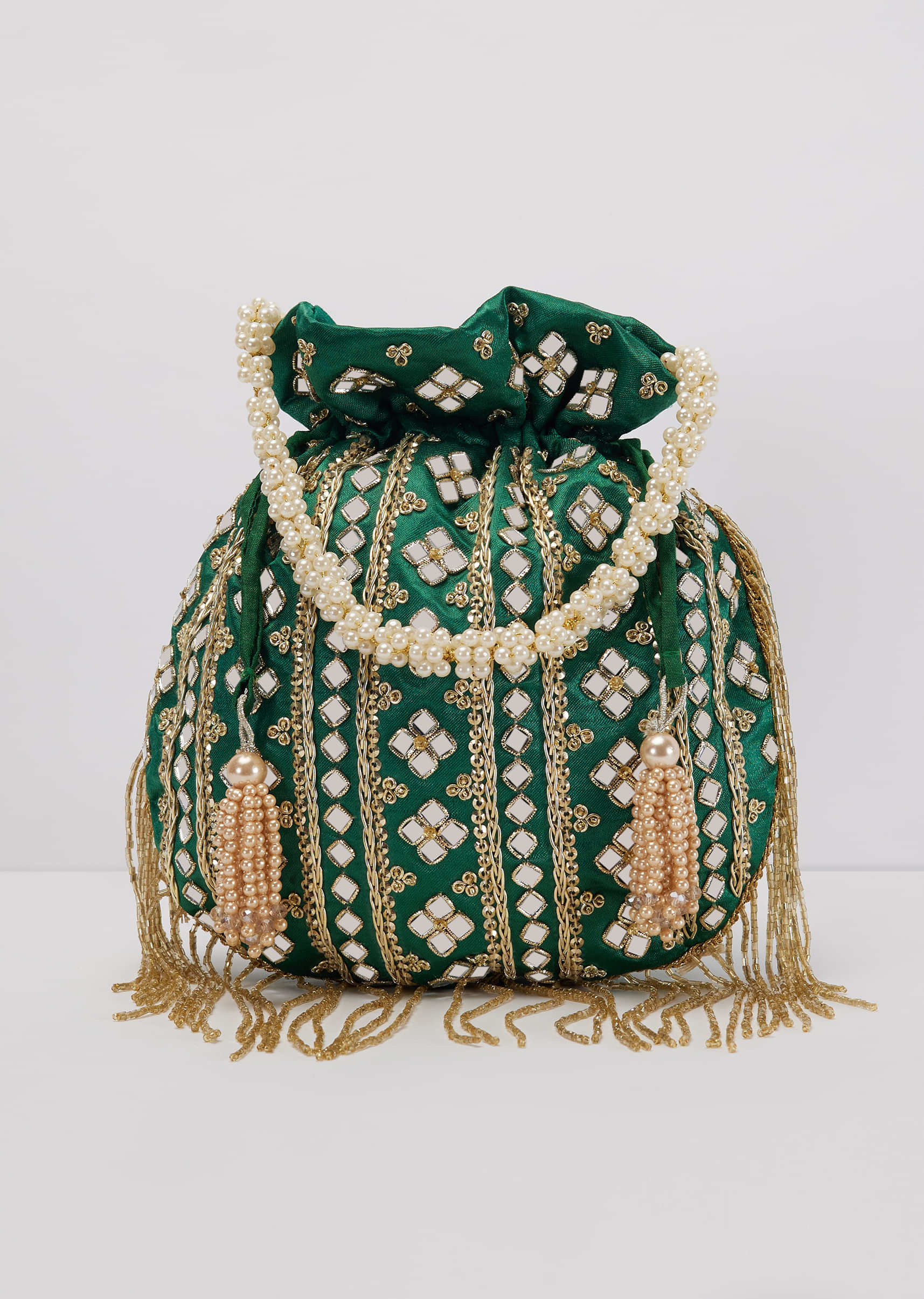 Bottle Green Mirror Work Silk Potli With Tassels And Pearl Handle