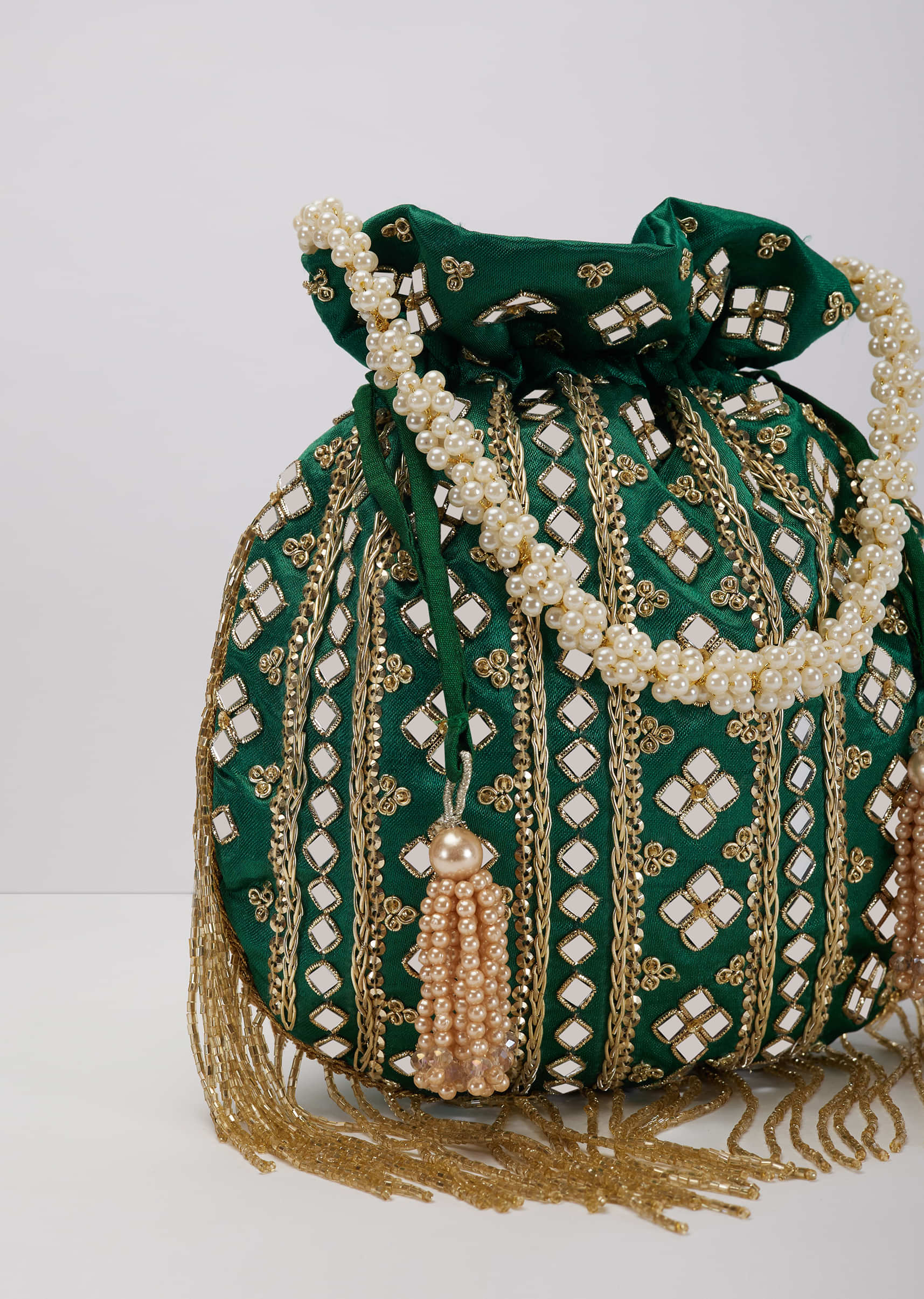 Bottle Green Mirror Work Silk Potli With Tassels And Pearl Handle