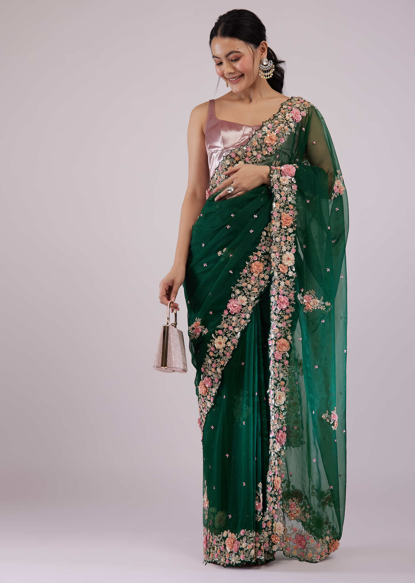 Bottle Green Organza Saree With Exquisite Embroidery