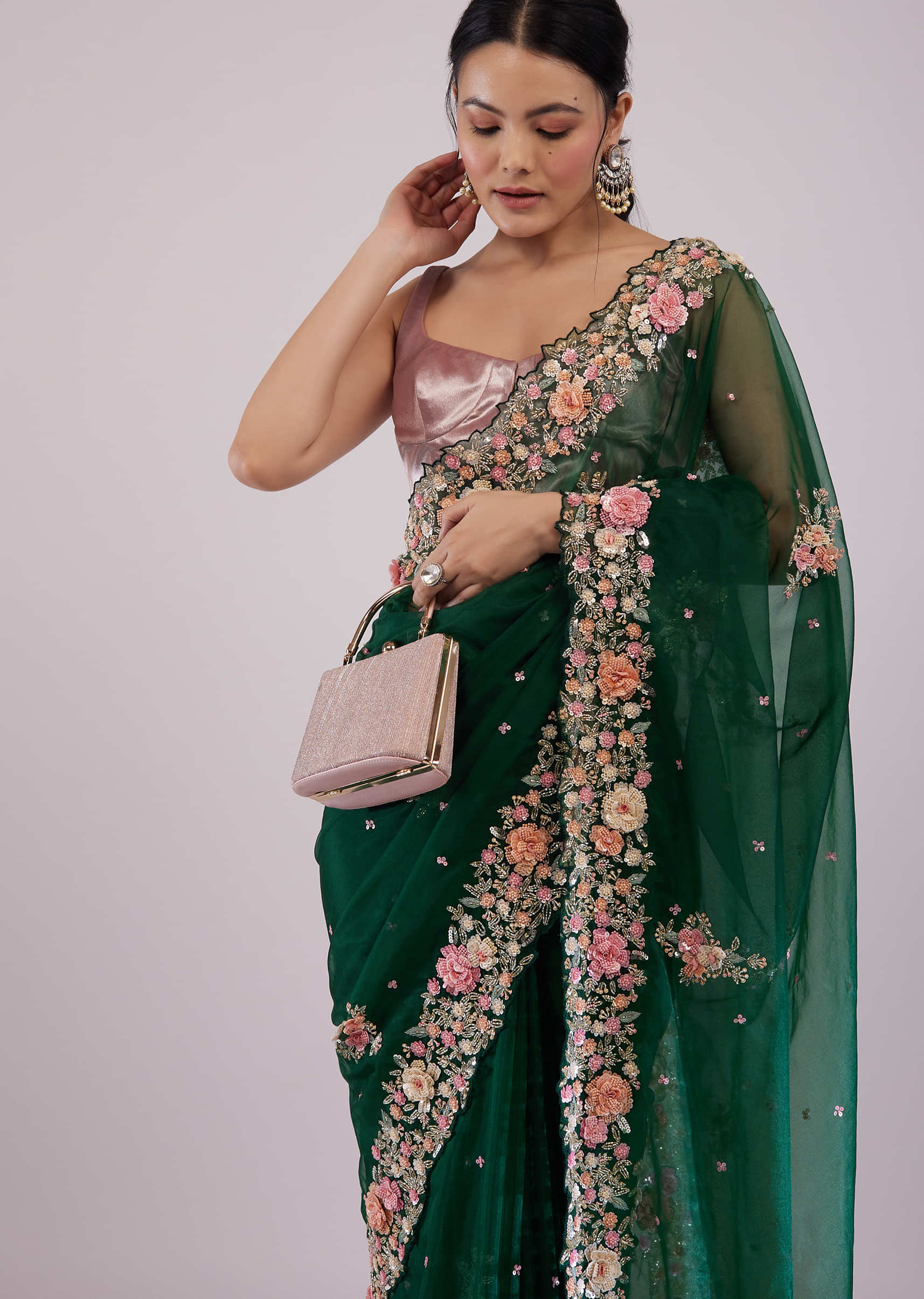 Deep Green Organza Saree With Exquisite Embroidery