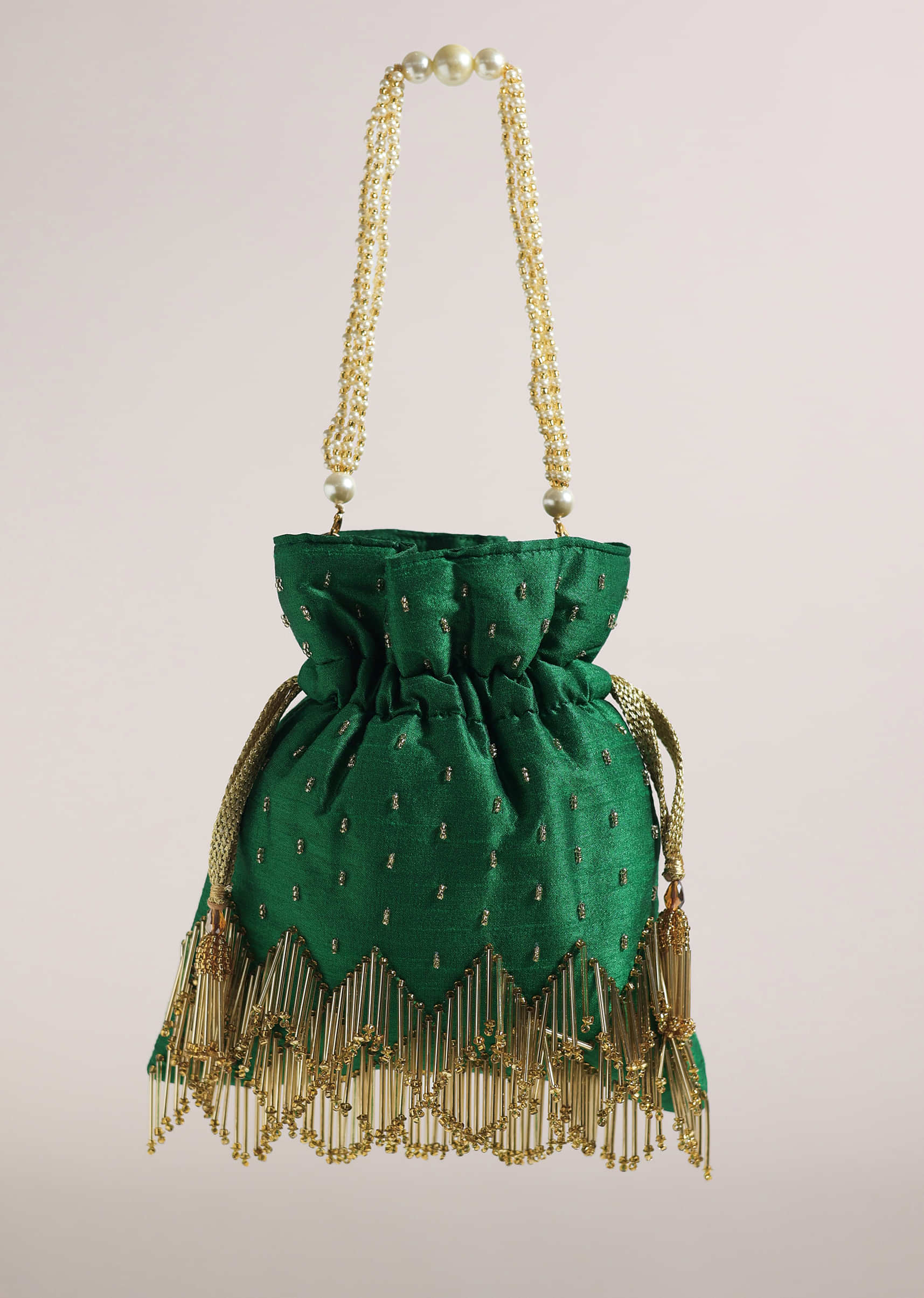 Bottle Green Raw Silk Potli Bag With Handworked Handle