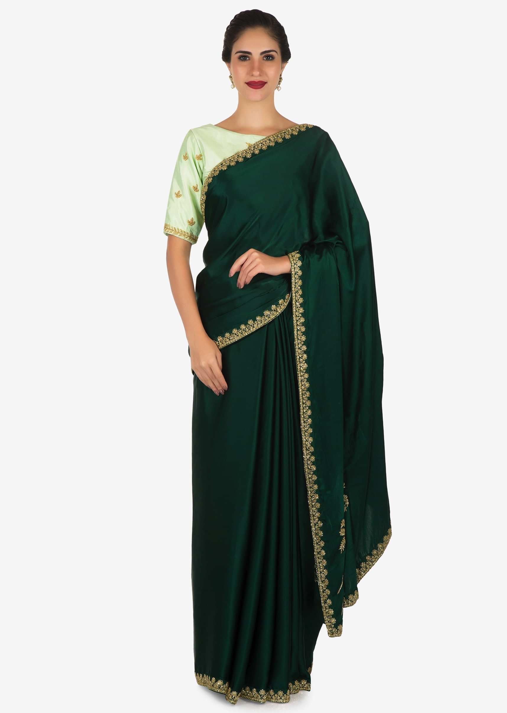 Bottle Green Saree With Mustard Blouse Carved In Heavy Cut Dana Embroidery Work Online - Kalki Fashion