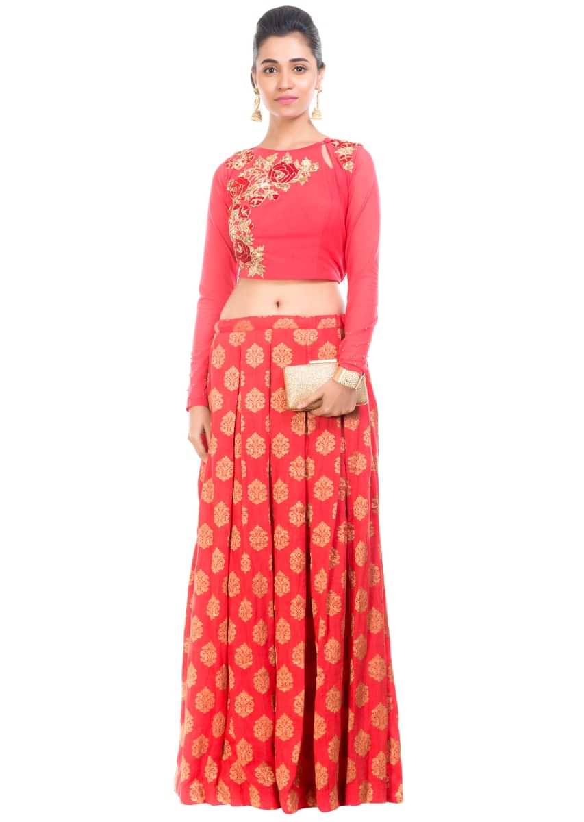 Box Pleated Brocade Skirt With Crop Top Online - Kalki Fashion