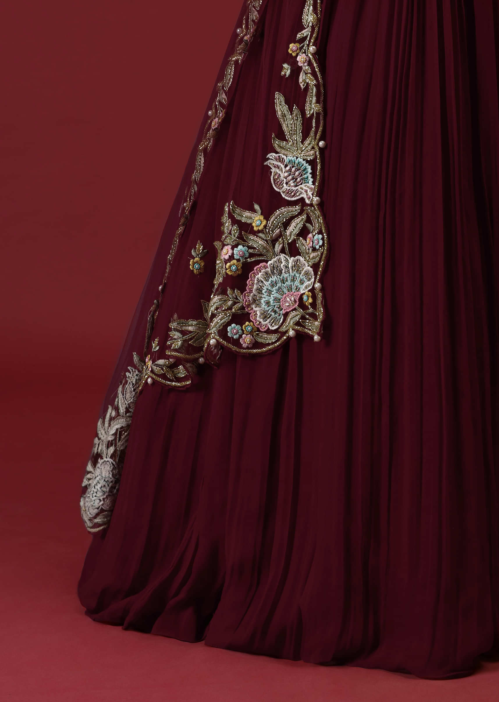 Buy Brick Maroon Anarkali Gown With Ruching And Pearls On The Bodice ...