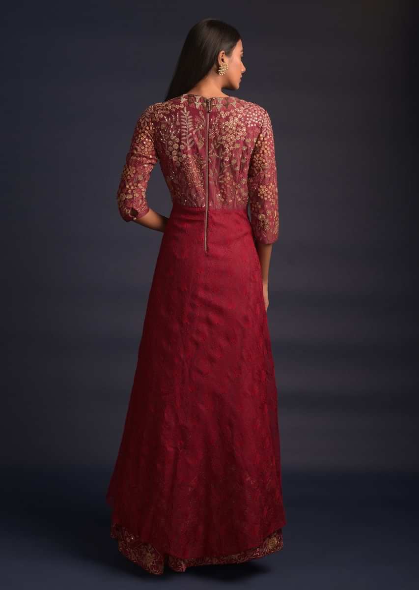 Brick Red Anarkali Suit With Floral Embroidery And Attached High Low Layer At The Waist  