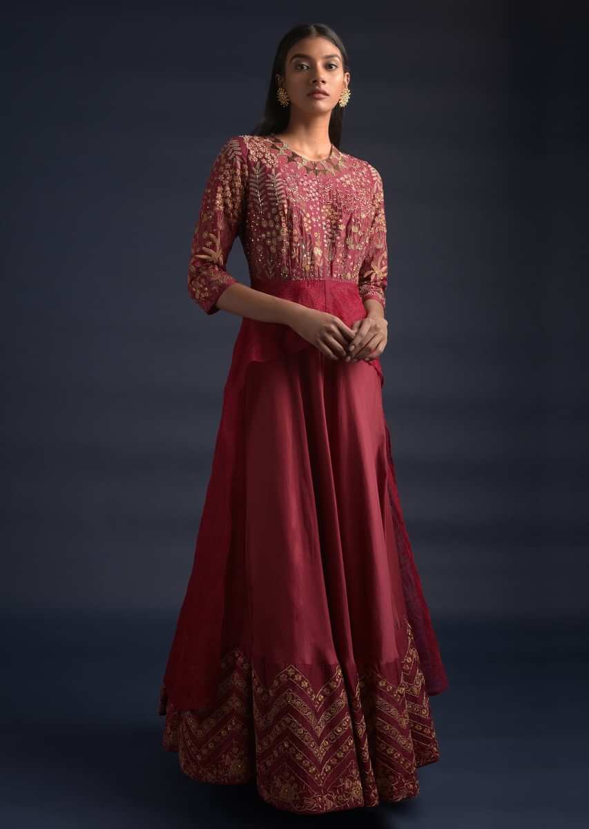 Brick Red Anarkali Suit With Floral Embroidery And Attached High Low Layer At The Waist  