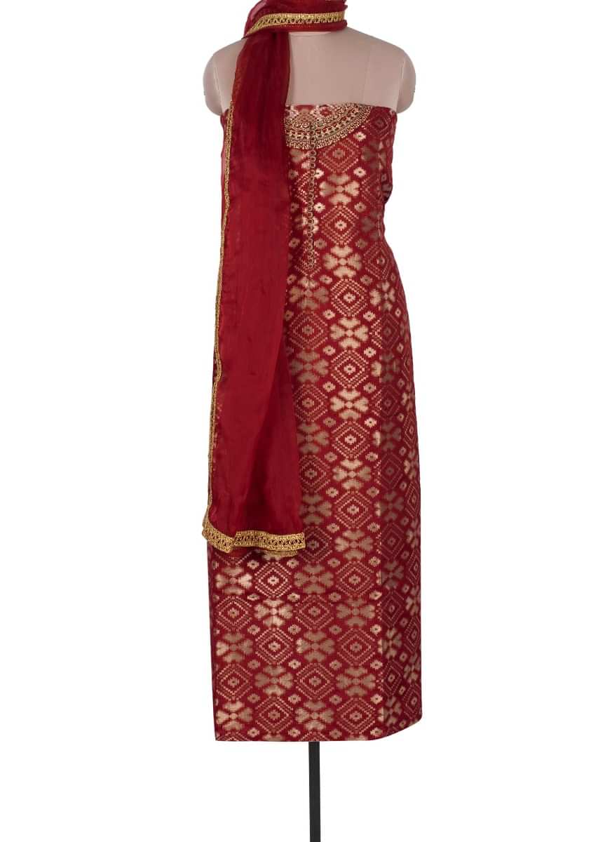 Brick red brocade unstitched suit with red organza dupatta only on Kalki