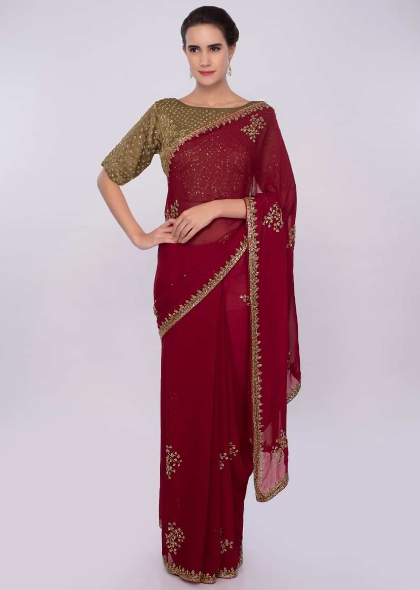 Brick Red Saree In Embroidered Georgette With Contrasting Golden Palm Blouse Online - Kalki Fashion