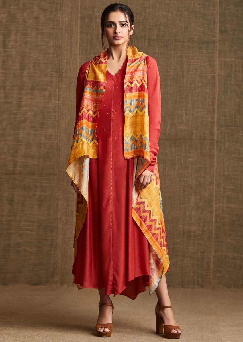 Brick Red Long Dress Matched With Front Short And Back Long Printed Jacket Online - Kalki Fashion