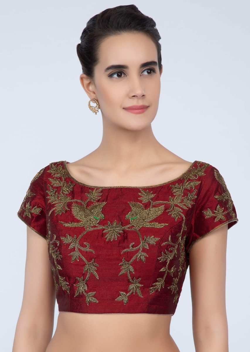 Brick red raw silk blouse with zardosi embroidery in floral and bird motif only on Kalki