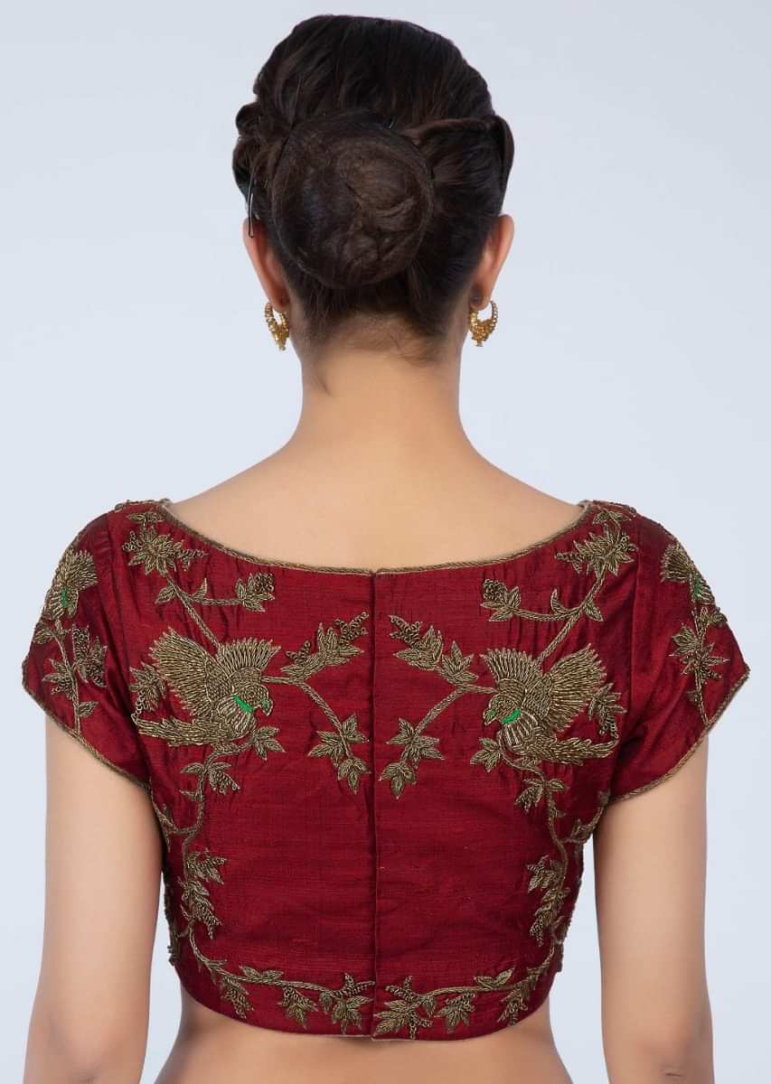 Brick red raw silk blouse with zardosi embroidery in floral and bird motif only on Kalki