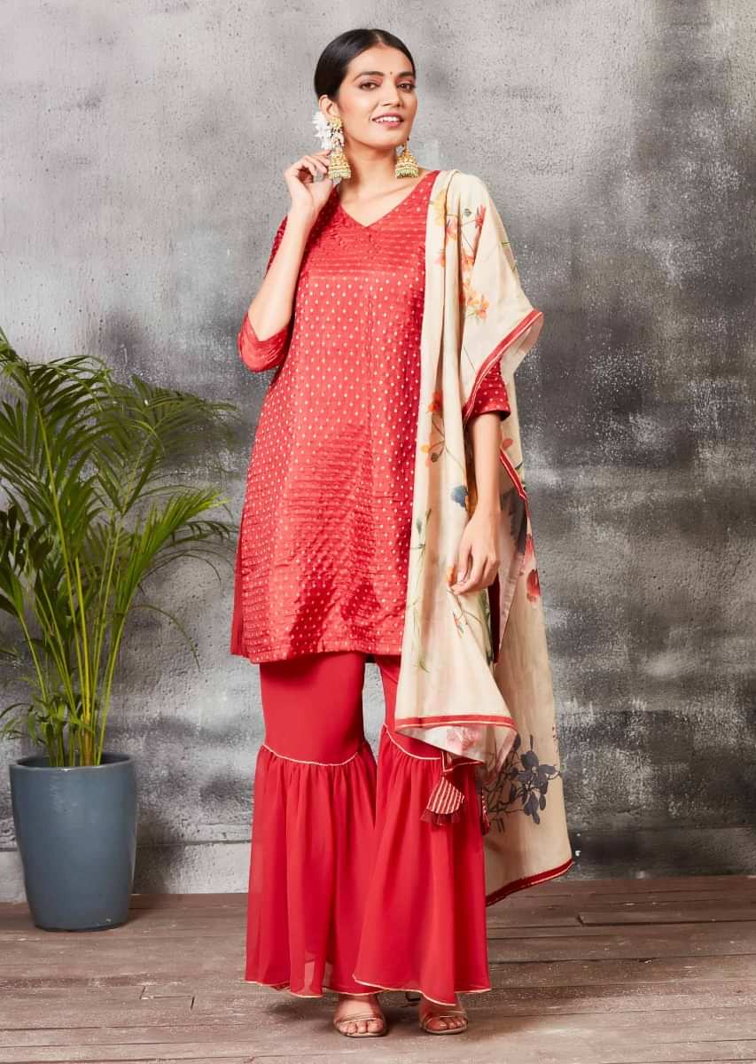 Brick Red Sharara Suit In Brocade Silk With Floral Printed Dupatta  