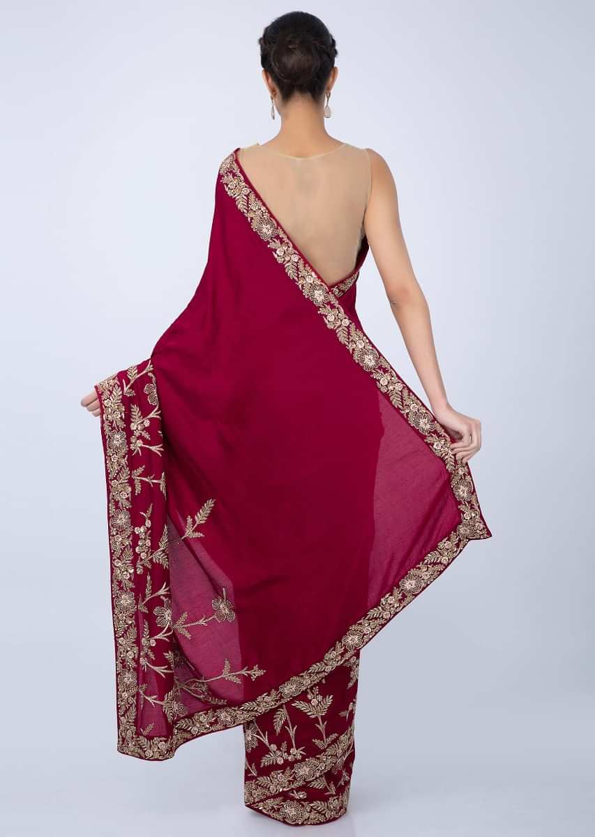 Brick Red Saree In Silk With Floral Embroidered Border Online - Kalki Fashion