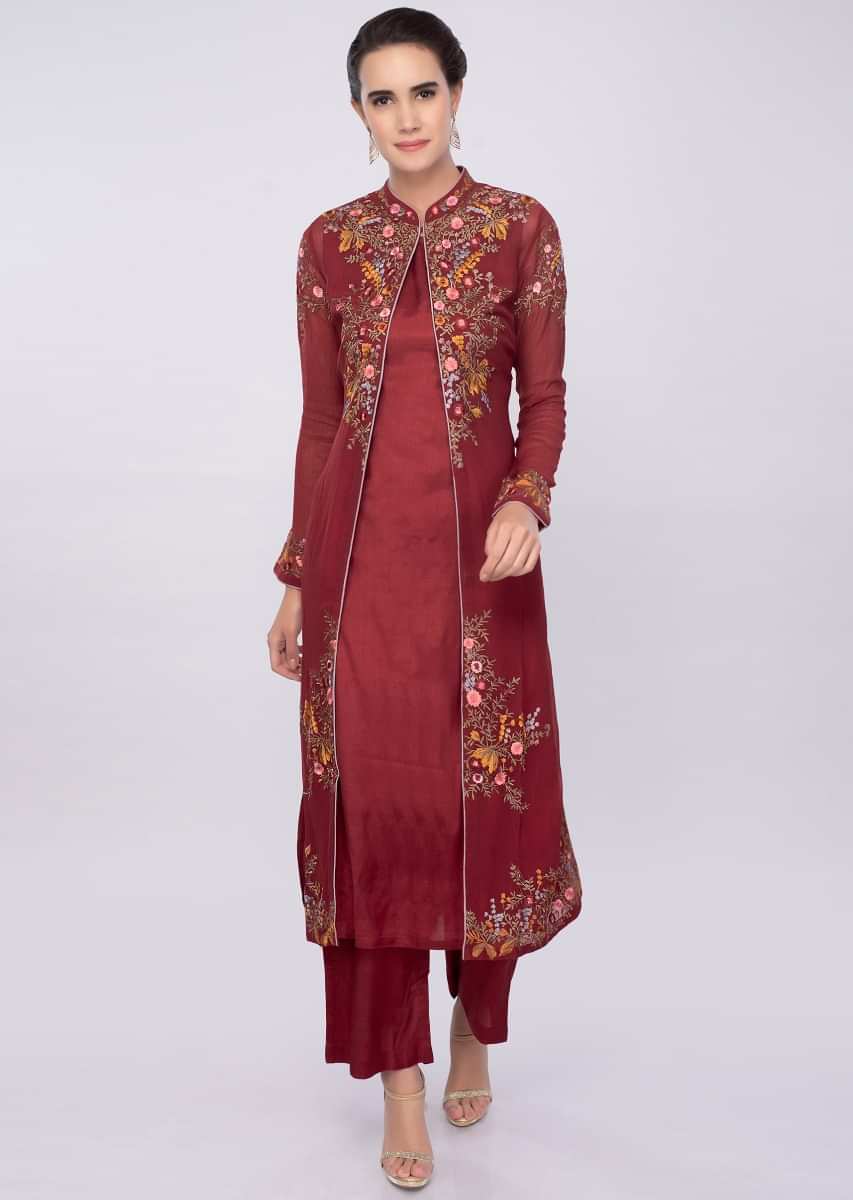 Brick red three piece suit in floral resham embroidery only on Kalki