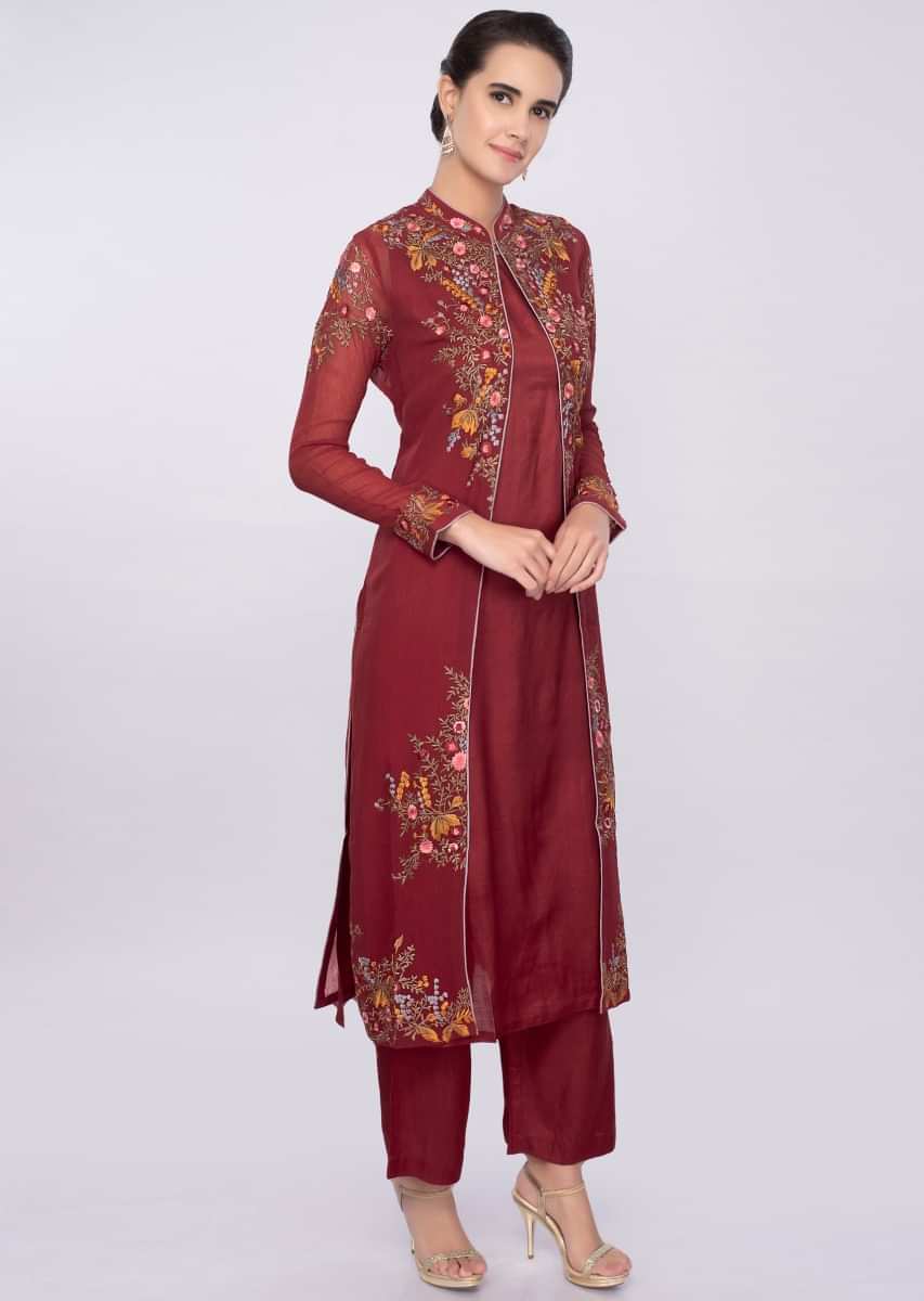 Brick red three piece suit in floral resham embroidery only on Kalki