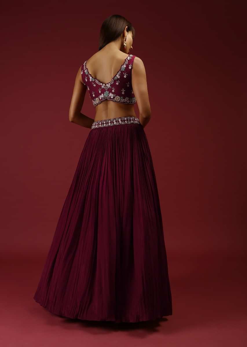 Brick Maroon Lehenga Choli And Sleeveless Jacket With Multi Colored Hand Embroidered Floral Motifs Using Flower Shaped Sequins Online - Kalki Fashion
