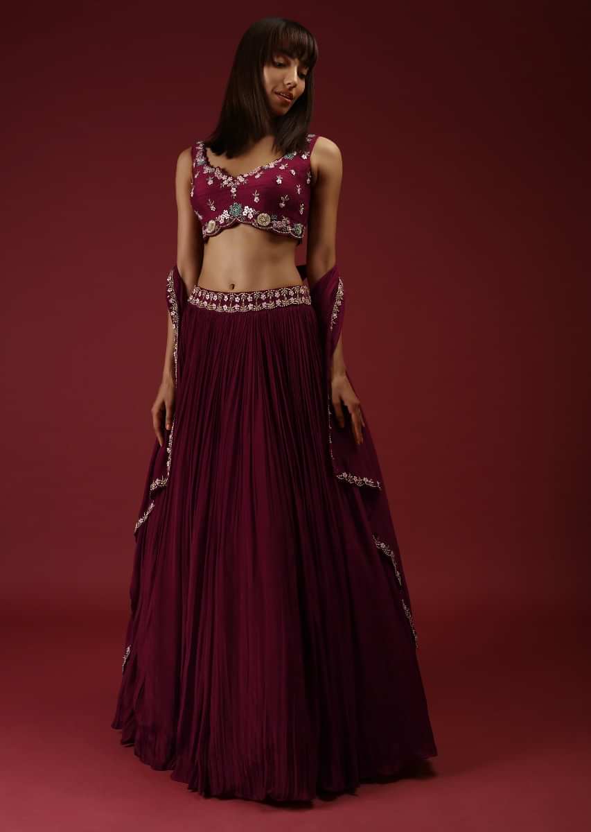 Brick Maroon Lehenga Choli And Sleeveless Jacket With Multi Colored Hand Embroidered Floral Motifs Using Flower Shaped Sequins Online - Kalki Fashion