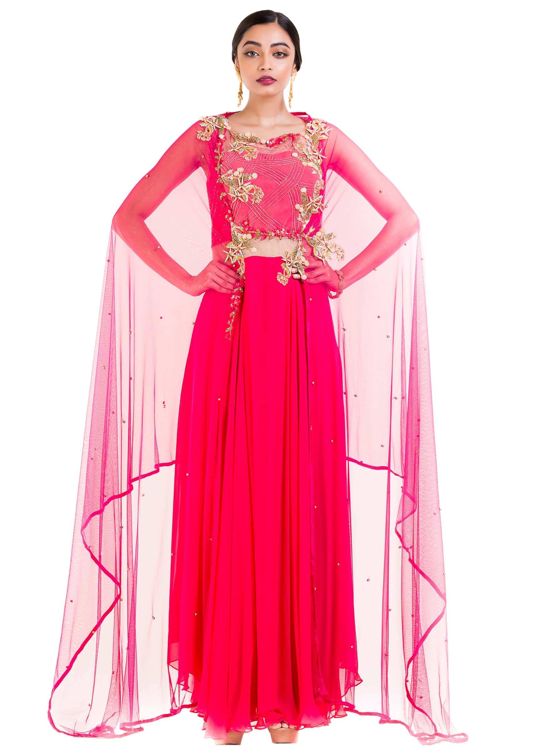 Bright Pink Suit Set With Attached Dupatta