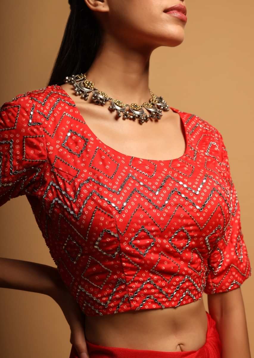 Bright Red Blouse In Silk Blend With Bandhani Print And Mirror Embroidery In Geometric Design