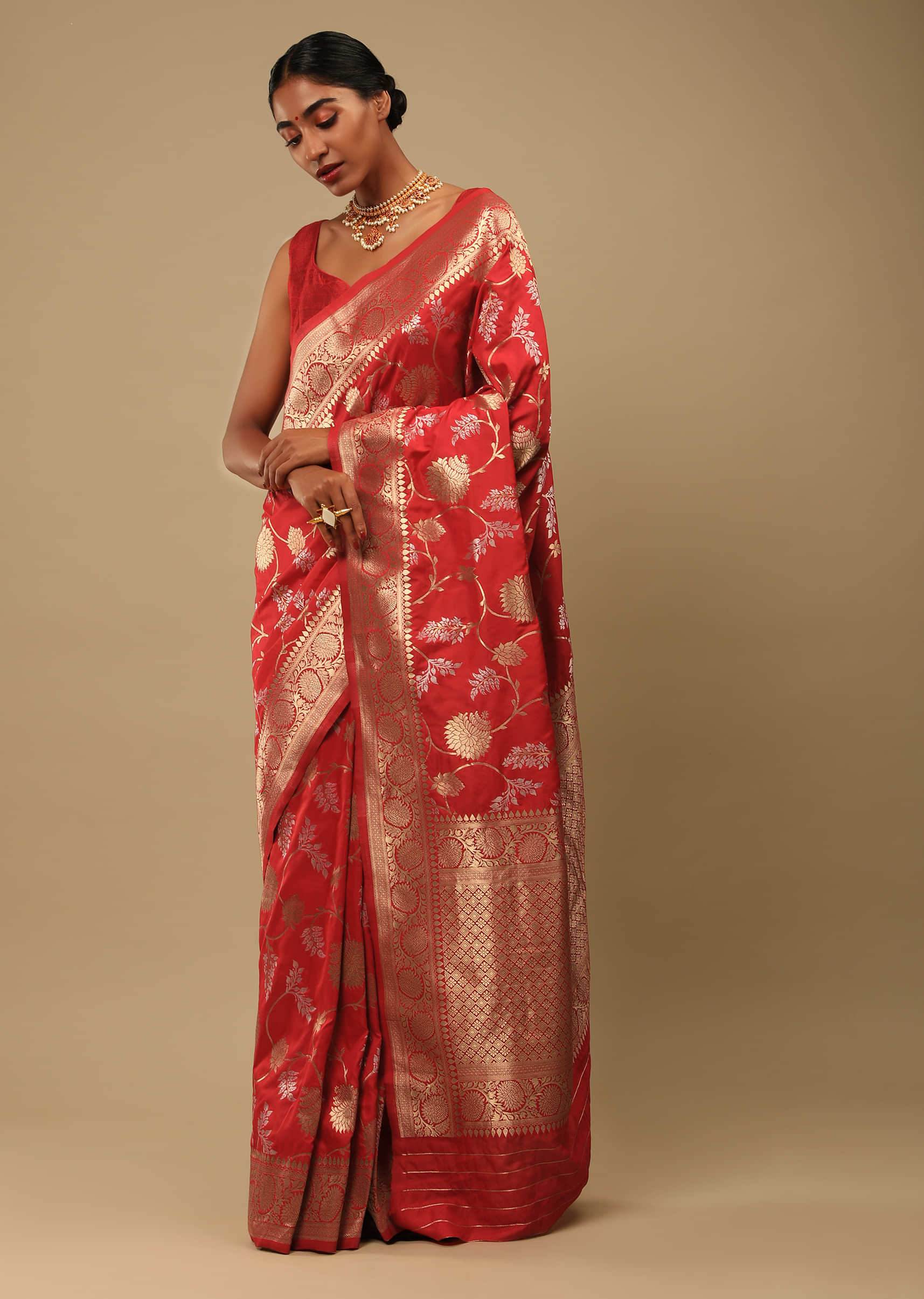 Bright Red Saree In Art Handloom Silk With Two Toned Woven Floral Jaal, Geometric Motifs On The Pallu And Unstitched Blouse