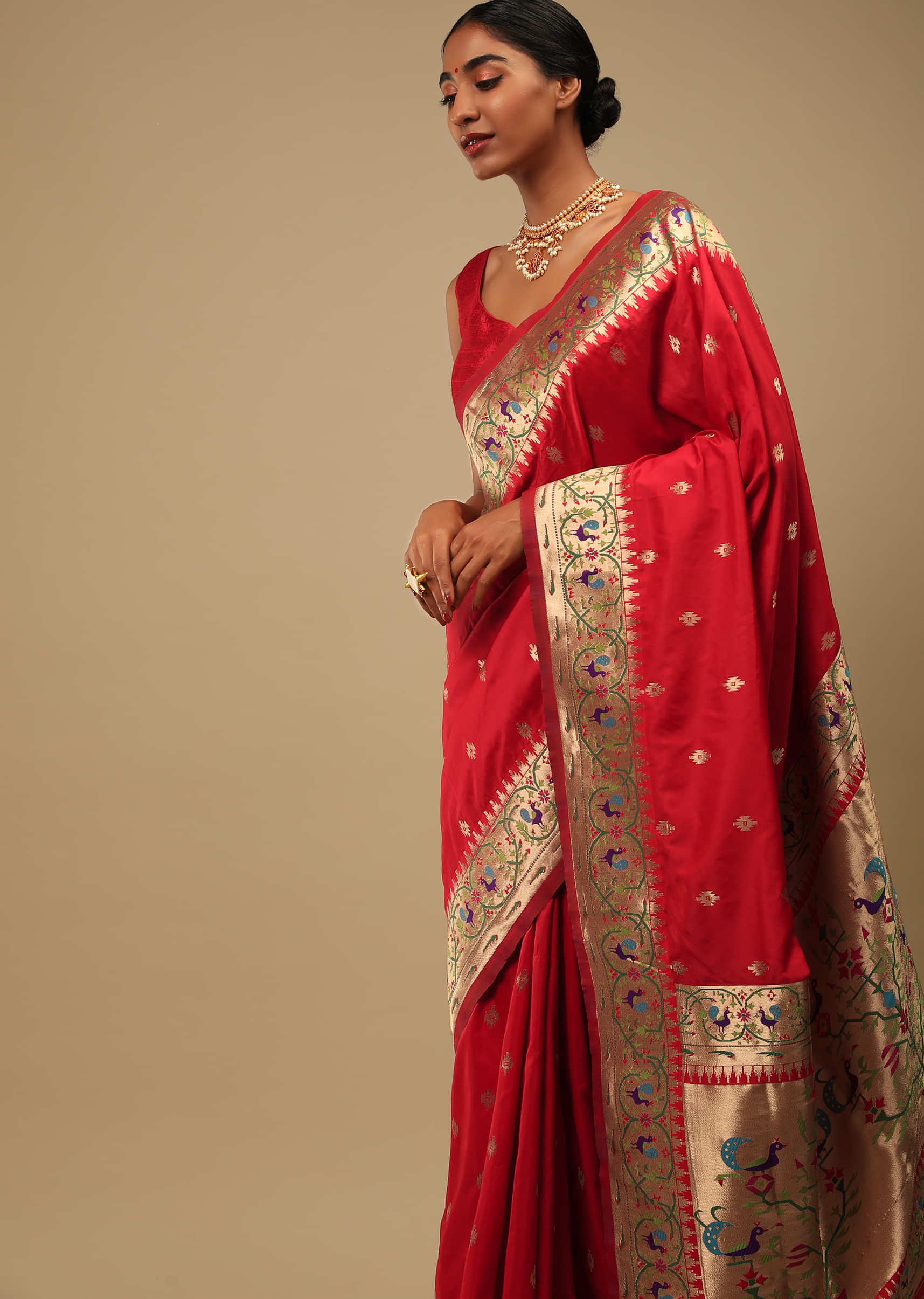 Bright Red Saree In Art Handloom Silk With Woven Geometric Buttis, Peacock Motifs On The Border And Unstitched Blouse  