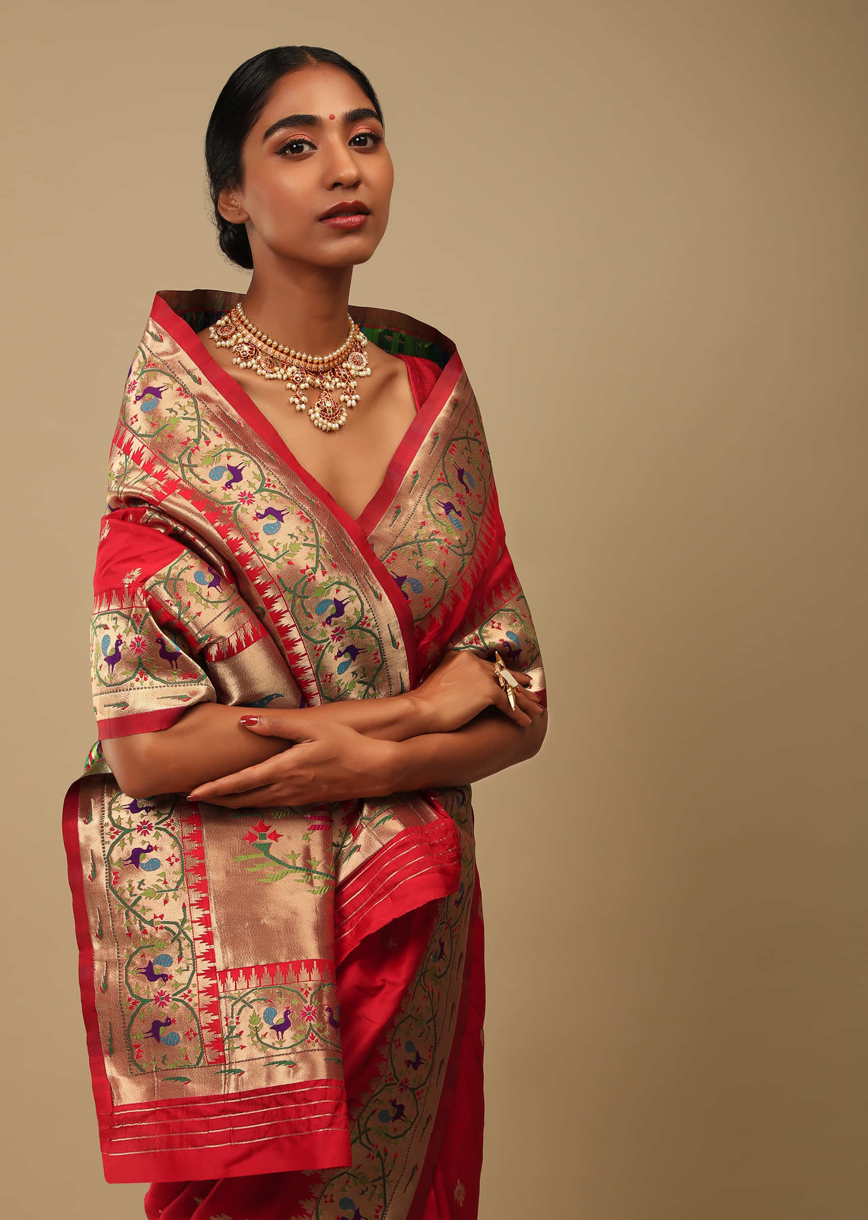 Bright Red Saree In Art Handloom Silk With Woven Geometric Buttis, Peacock Motifs On The Border And Unstitched Blouse  