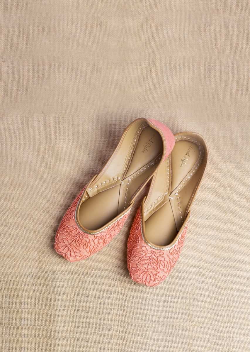 Bright Salmon Juttis In Heavy Linen With Self Colored Bead Work In Floral Jaal Design By Vareli Bafna
