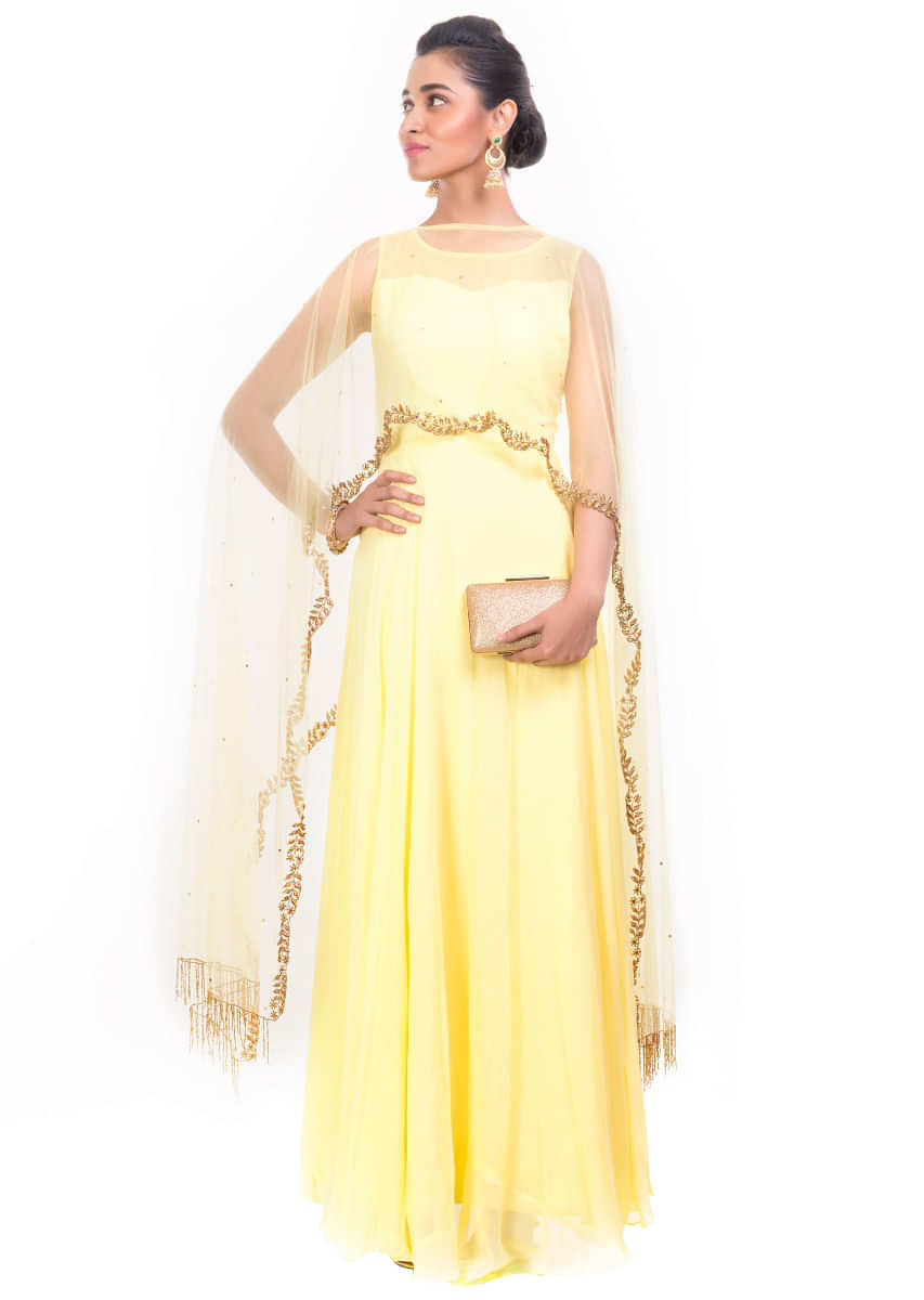 Bright Yellow Gown With Embroidered Long Cape Online - Kalki Fashion